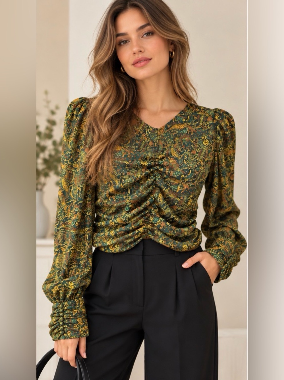 ZARA Green Paisley Print Ruched Front Puff Sleeve Blouse Size M